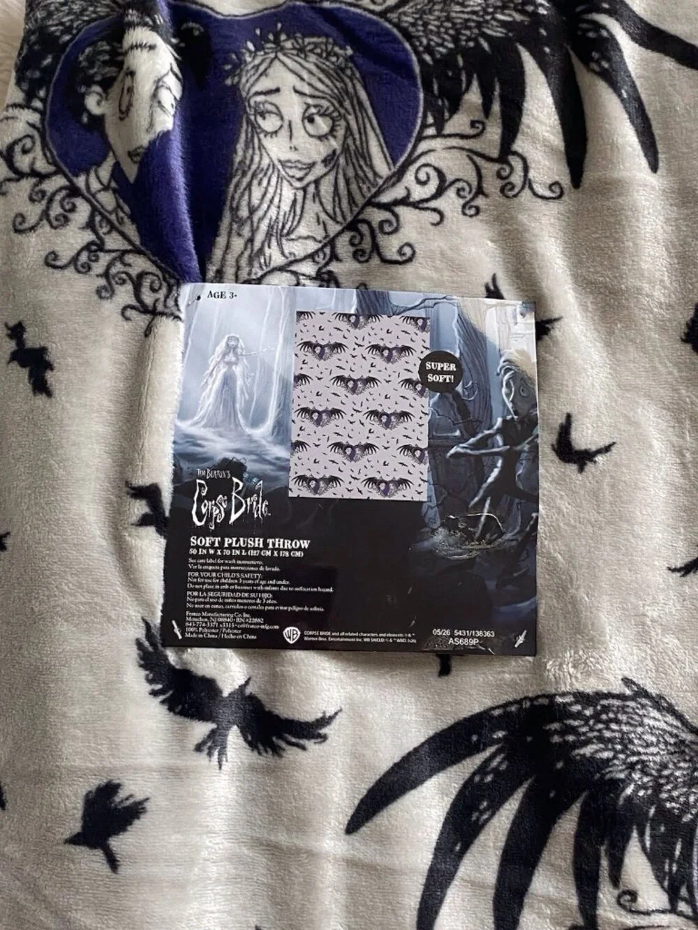 TIM BURTONS CORPSE BRIDE & Victor SOFT PLUSH THROW 50” X 70” Halloween Grey NEW